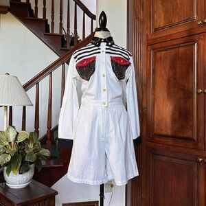 Vintage Style Works White Black Red Gold Bedazzled Romper Sailor Jumpsuit Pinup